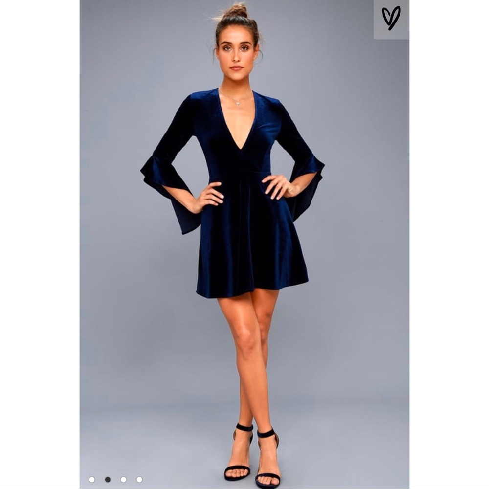 Wrapped in Luxe Navy Blue Velvet Bell Sleeve Dress